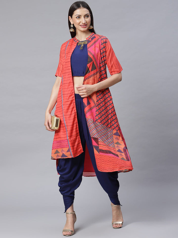 Made to Measure Embroidered Crop Top Dhoti Set with Abstract Print Jacket