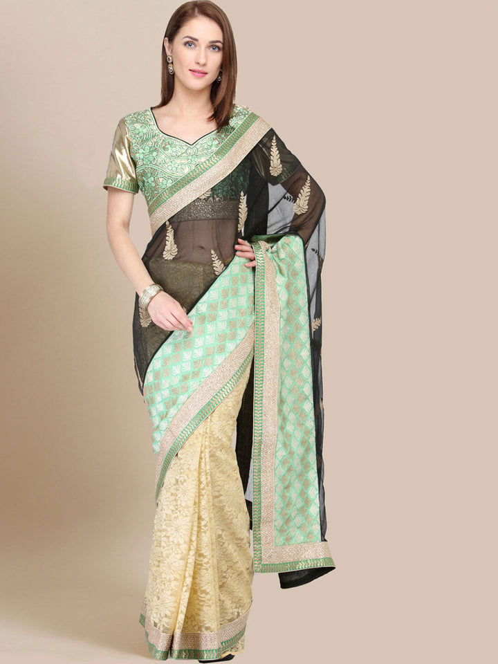 Beige & Black Embroidered  Half & Half  Stylish Saree With Lace Pleats