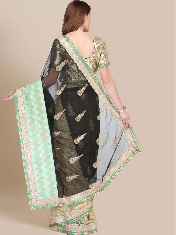 Beige & Black Embroidered  Half & Half  Stylish Saree With Lace Pleats