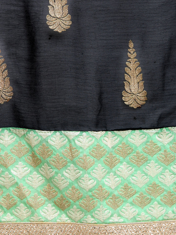 Beige & Black Embroidered  Half & Half  Stylish Saree With Lace Pleats