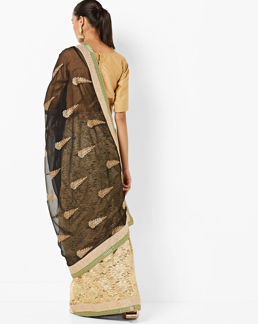 Beige & Black Embroidered  Half & Half  Stylish Saree With Lace Pleats