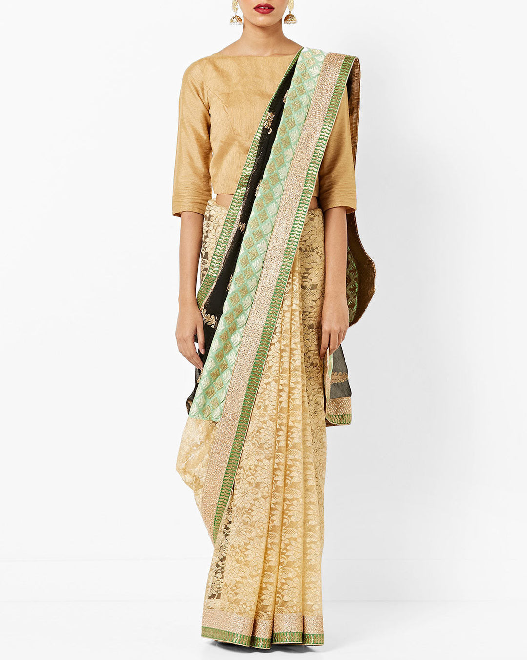 Beige & Black Embroidered  Half & Half  Stylish Saree With Lace Pleats