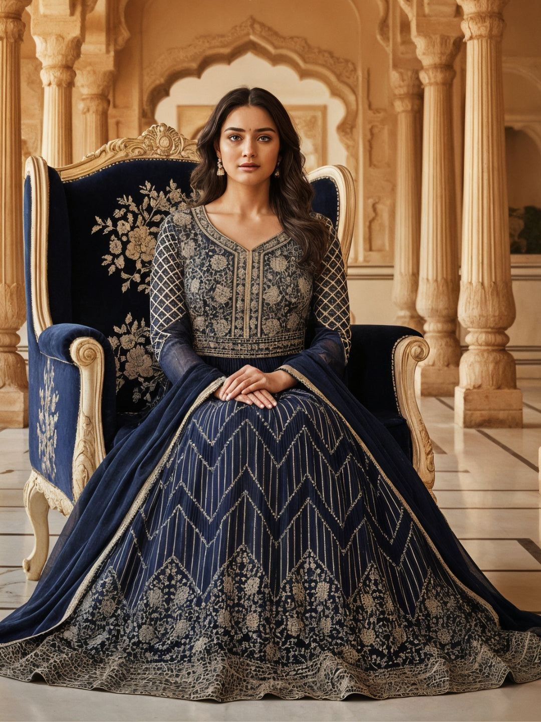 Georgette Flared Anarakali Gown with Zari Embroidered Floral & Striped Patterns