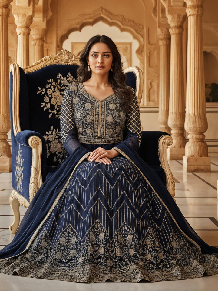 Georgette Flared Anarakali Gown with Zari Embroidered Floral & Striped Patterns