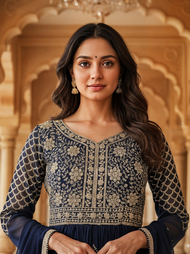 Georgette Flared Anarakali Gown with Zari Embroidered Floral & Striped Patterns