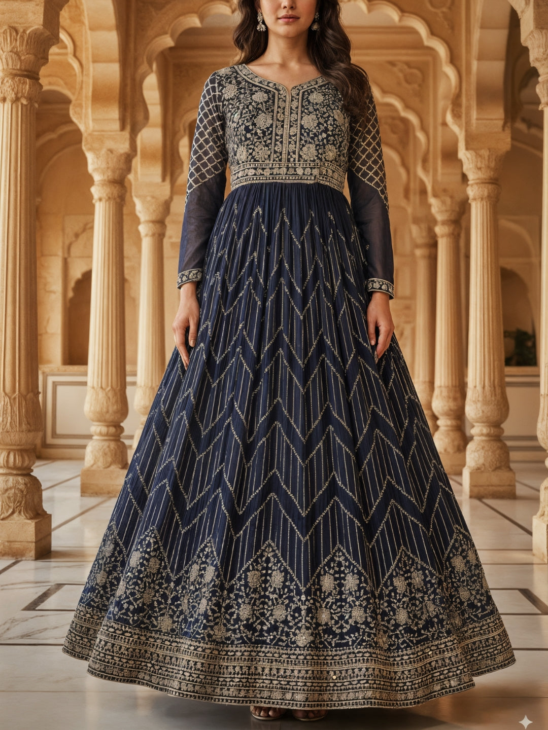 Georgette Flared Anarakali Gown with Zari Embroidered Floral & Striped Patterns