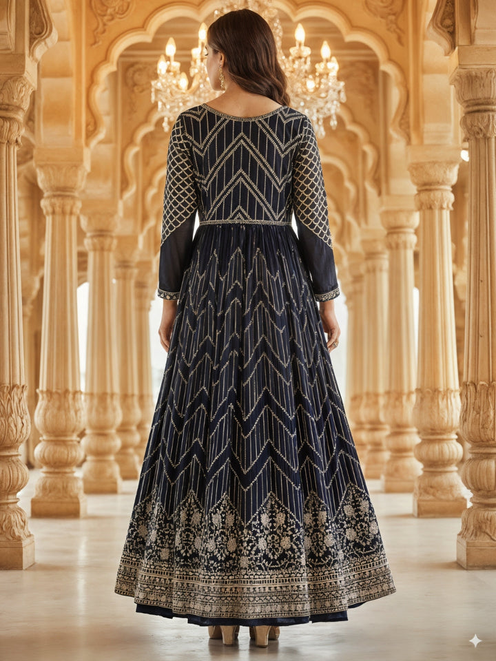 Georgette Flared Anarakali Gown with Zari Embroidered Floral & Striped Patterns