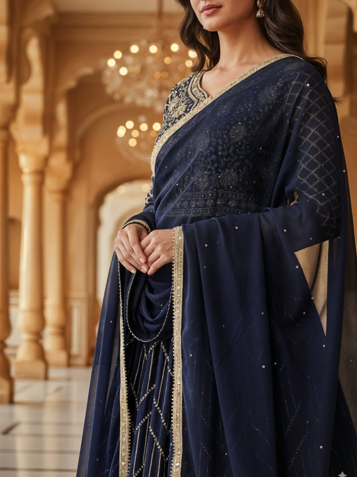 Georgette Flared Anarakali Gown with Zari Embroidered Floral & Striped Patterns