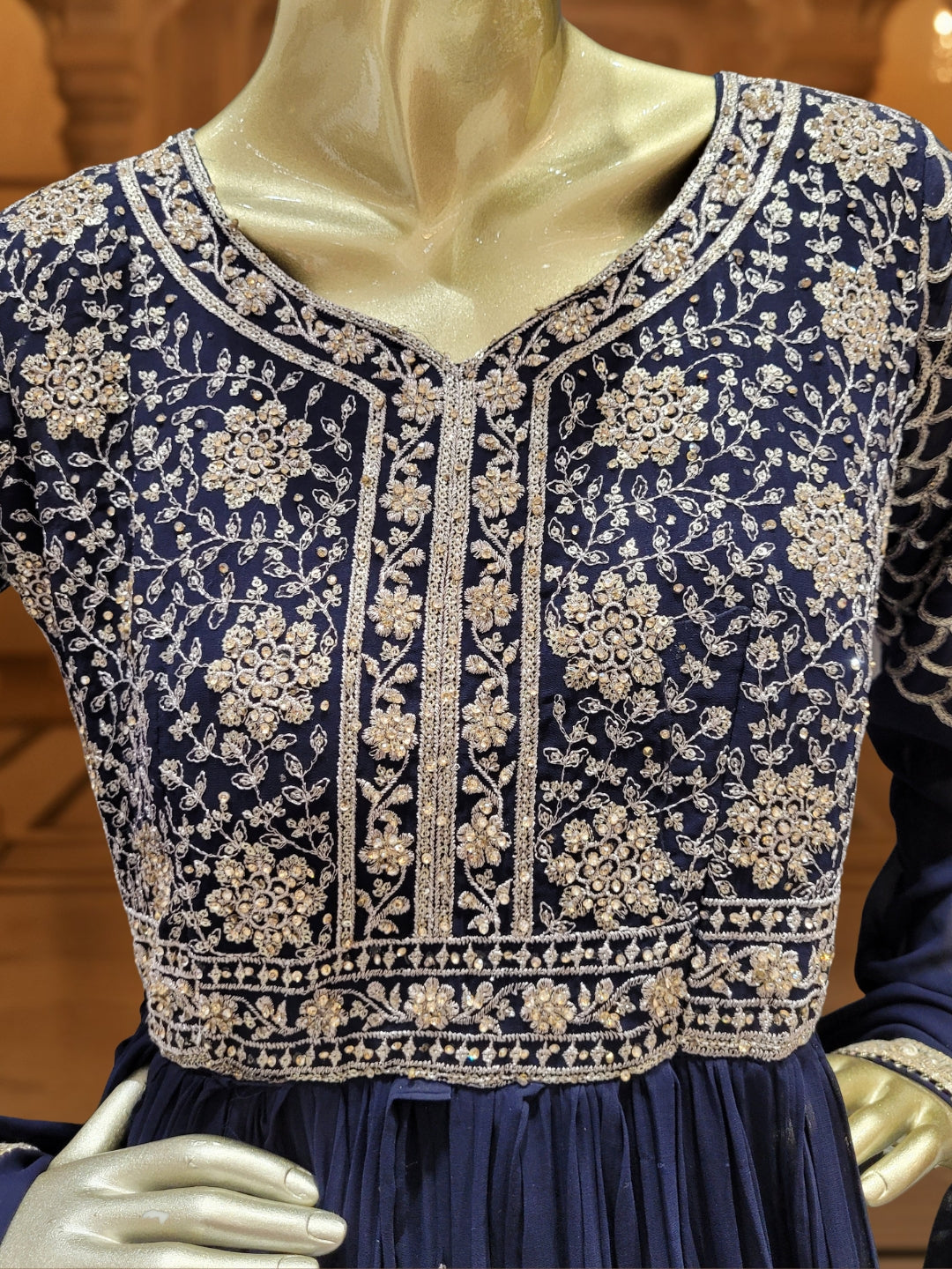 Georgette Flared Anarakali Gown with Zari Embroidered Floral & Striped Patterns