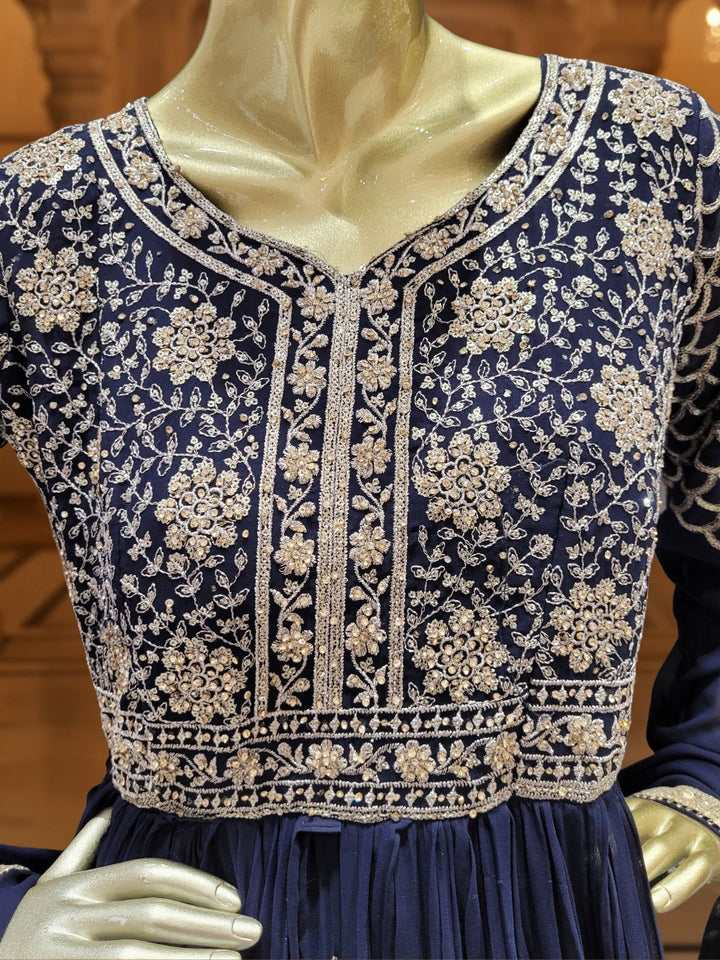 Georgette Flared Anarakali Gown with Zari Embroidered Floral & Striped Patterns