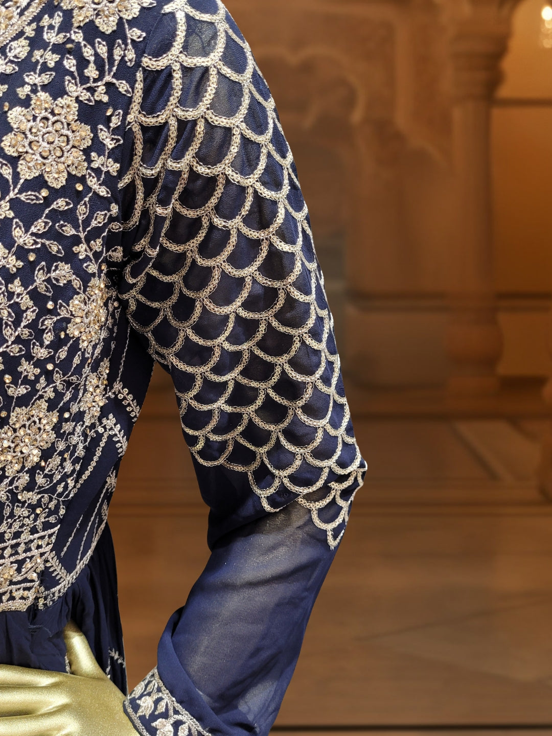 Georgette Flared Anarakali Gown with Zari Embroidered Floral & Striped Patterns