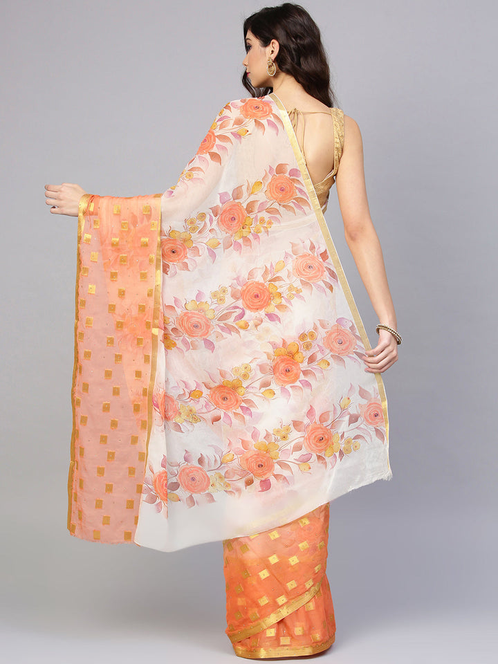 Ombre Chiffon Saree with Floral Print and Crystal Embellishment