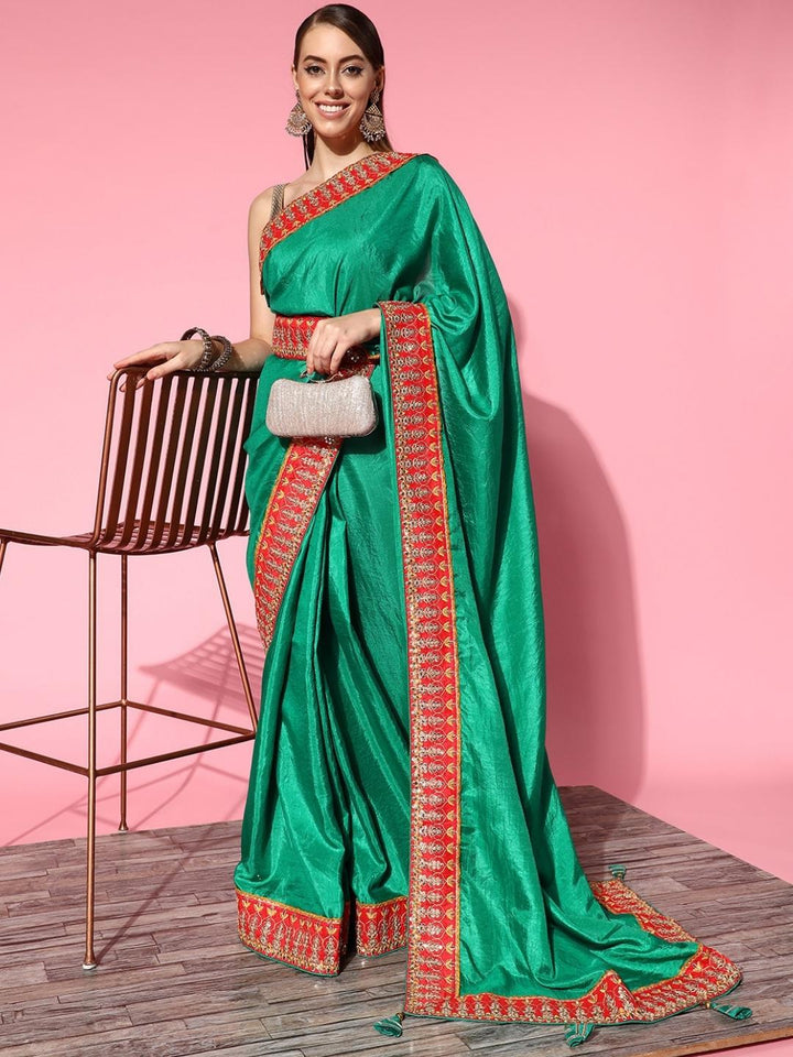 Teal Green Bhagalpuri Silk Belted Saree With Embellished Border