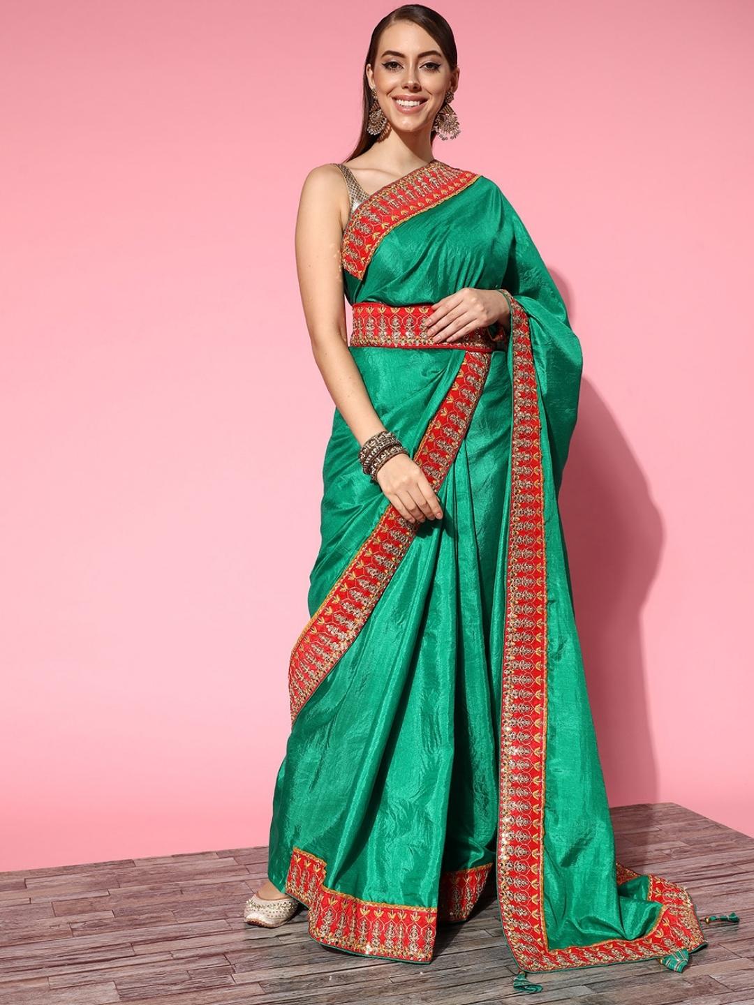 Teal Green Bhagalpuri Silk Belted Saree With Embellished Border