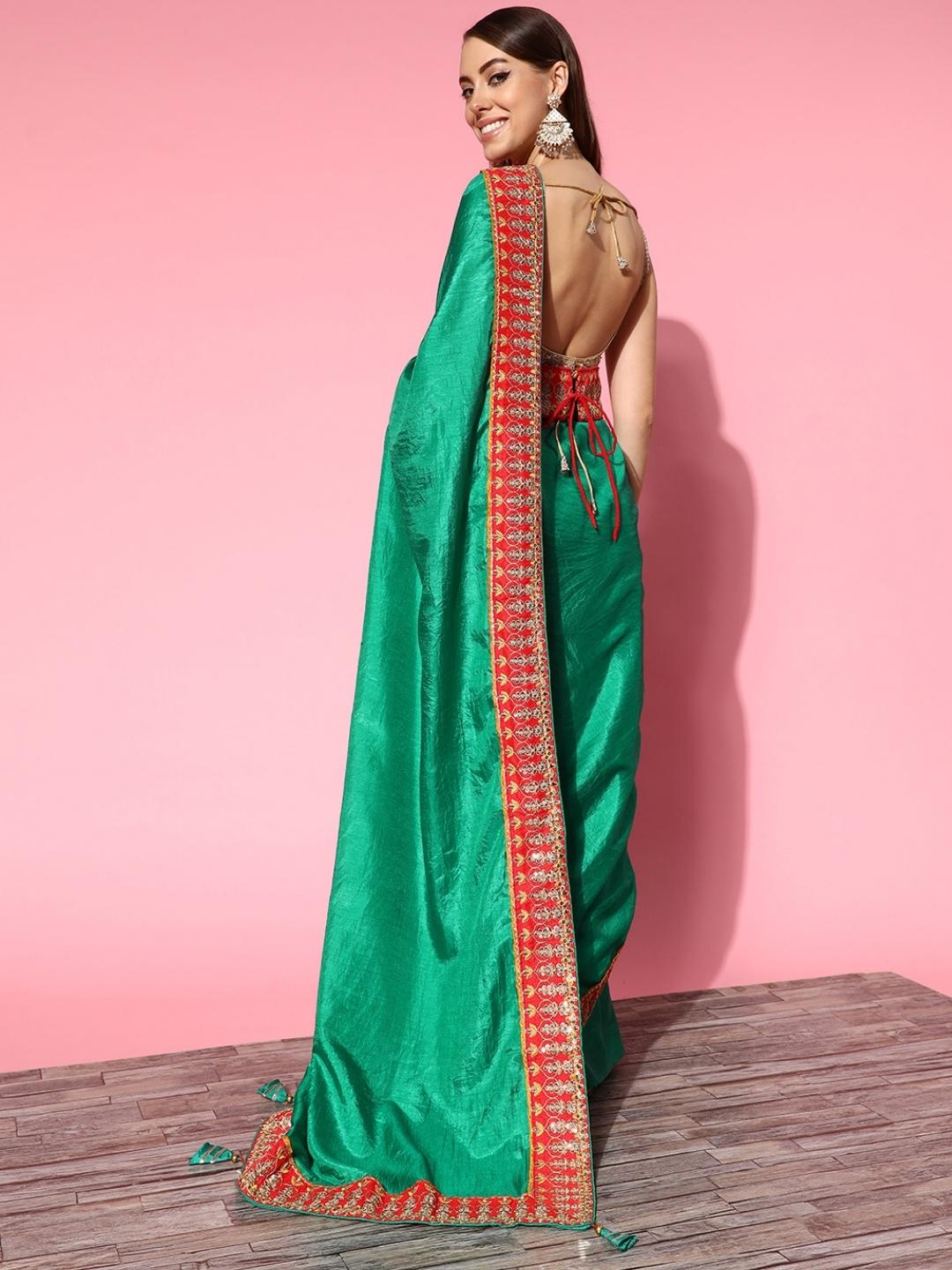 Teal Green Bhagalpuri Silk Belted Saree With Embellished Border