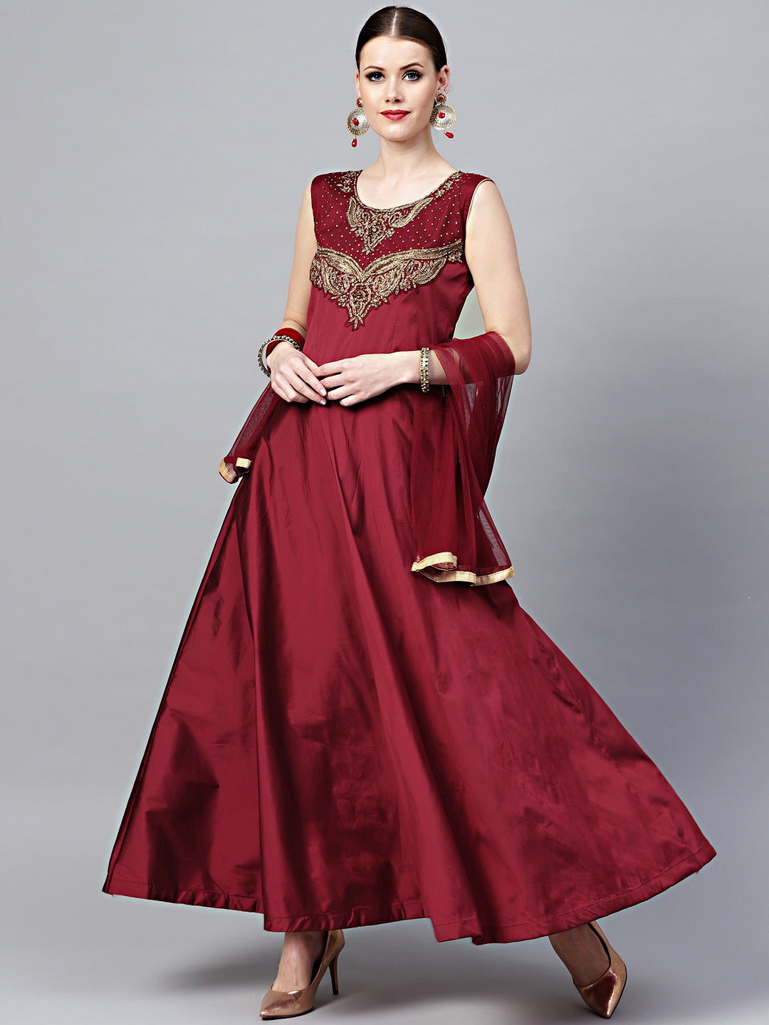 Chhabra 555 Maroon Silk Made-to-Measure Kurta Set with Zari Embroidery and Jewelled Neckline