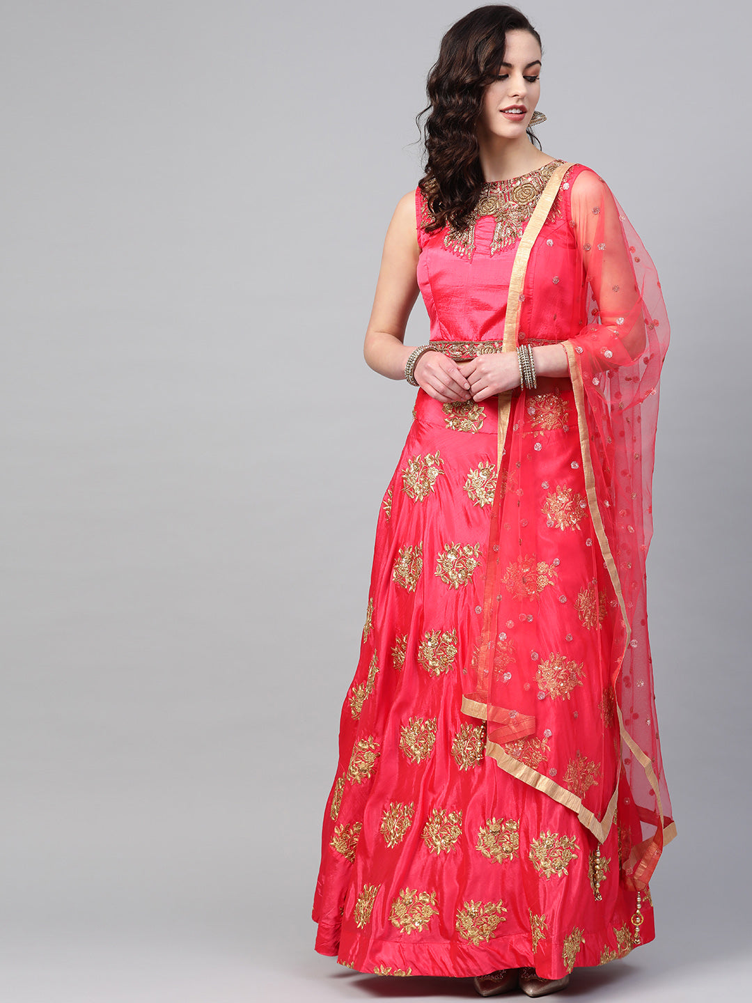 Sequin Crop Top Lehenga Choli with Embroidered Dupatta