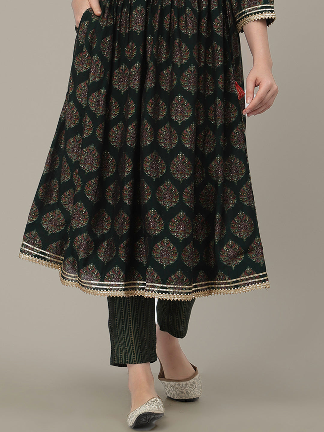 Green Ethnic Motifs Peplum Sharara Set with Gotta Patti Lurex Dupatta