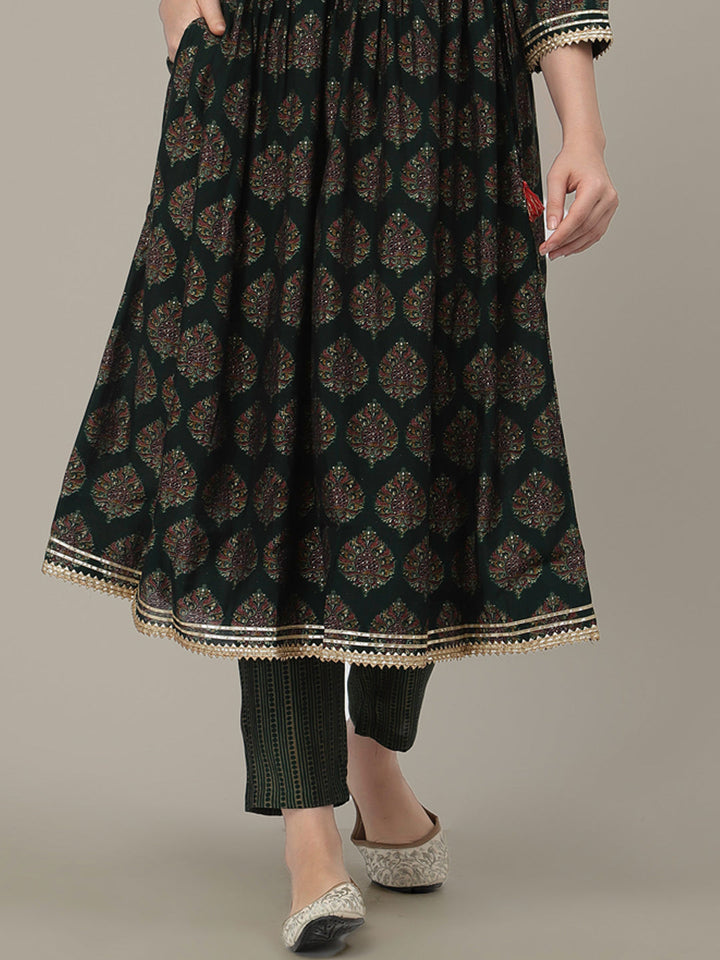 Green Ethnic Motifs Peplum Sharara Set with Gotta Patti Lurex Dupatta