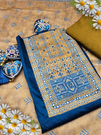 Chhabra 555 Kalamkari Print Unstitched Suit Dupatta with Mirror Embroidery & Tribal pattern 