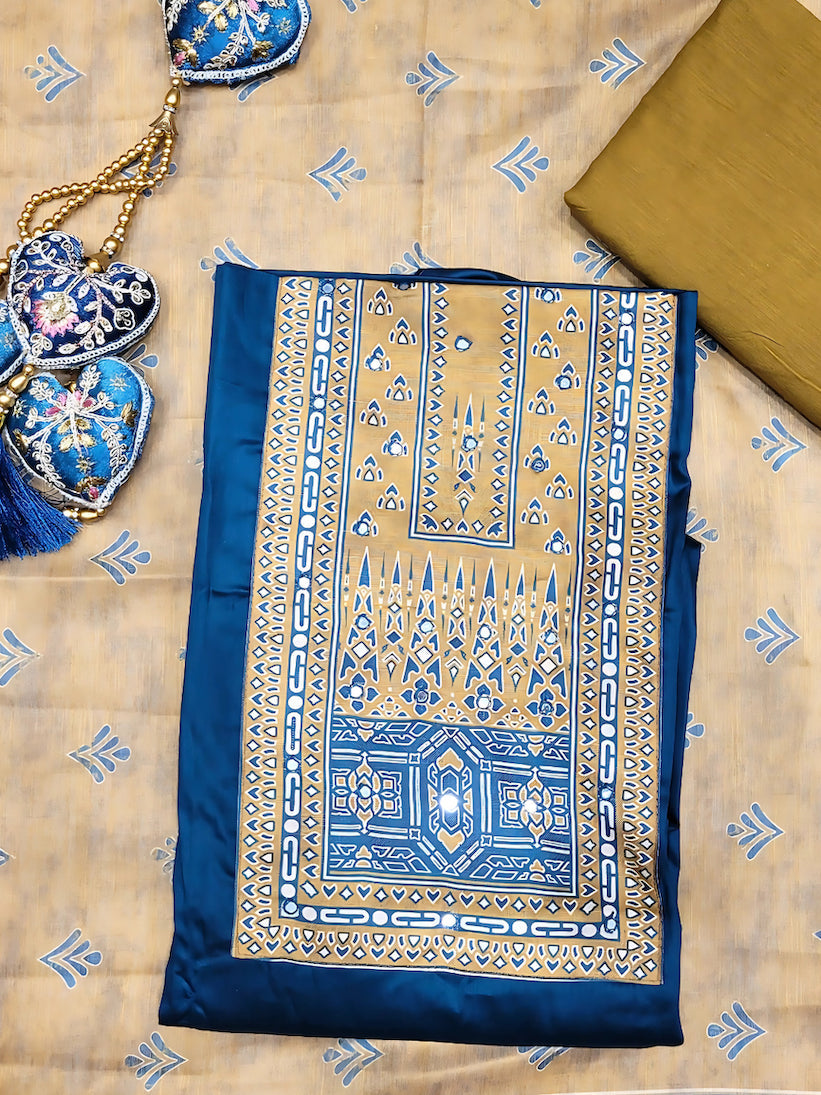 Kalamkari Print Unstitched Suit Dupatta with Mirror Embroidery & Tribal pattern