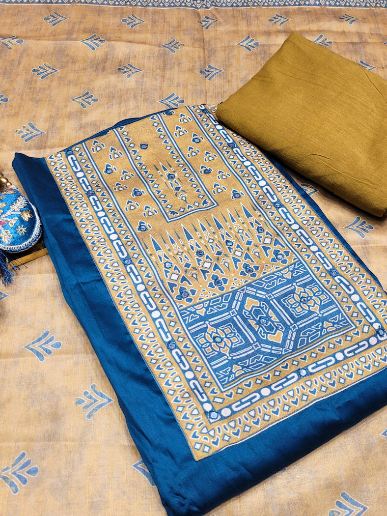 Kalamkari Print Unstitched Suit Dupatta with Mirror Embroidery & Tribal pattern