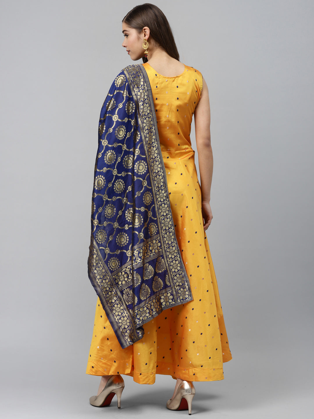 Made to Measure Pastel Woven Embroidered Anarkali Set with Contrast Banarasi Dupatta
