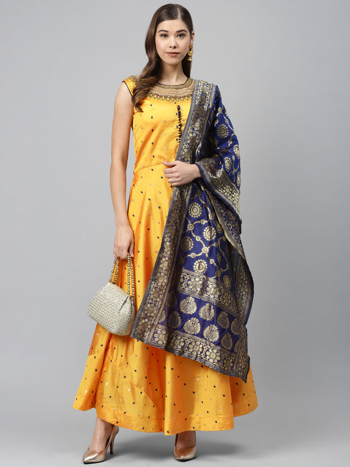 Made to Measure Pastel Woven Embroidered Anarkali Set with Contrast Banarasi Dupatta