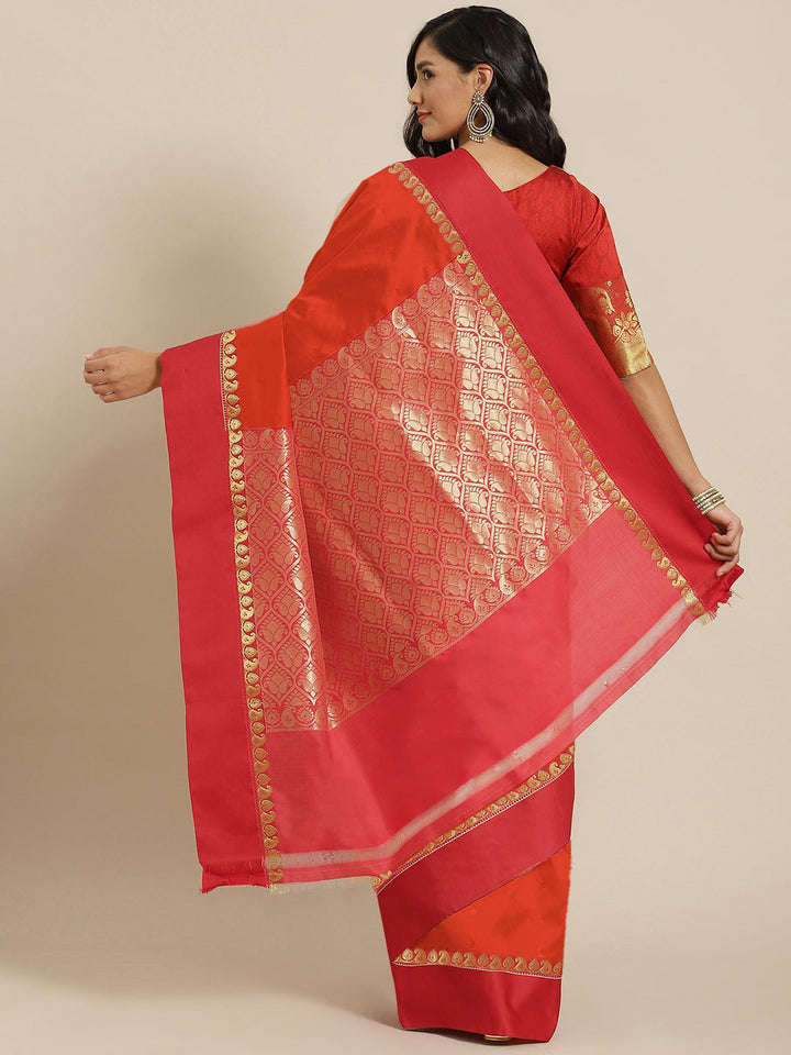 Orange & Red Zari Silk Blend Gadwal Saree