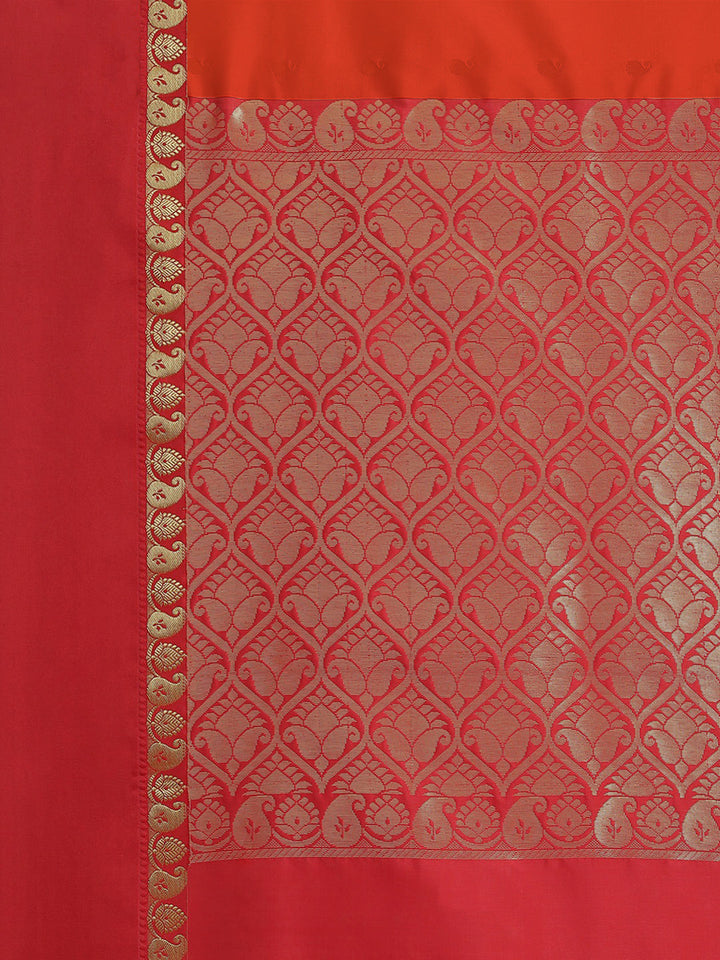 Orange & Red Zari Silk Blend Gadwal Saree