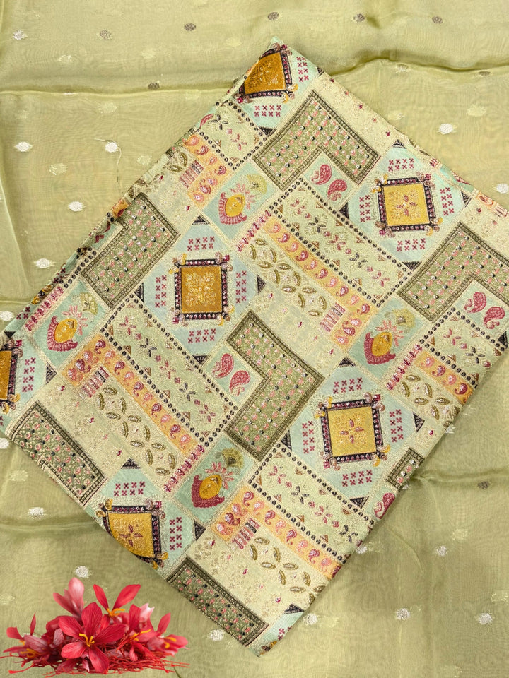 Zari Meenakari Weaving South Crepe Unstitched Suit with Organza Zari Handloom Dupatta
