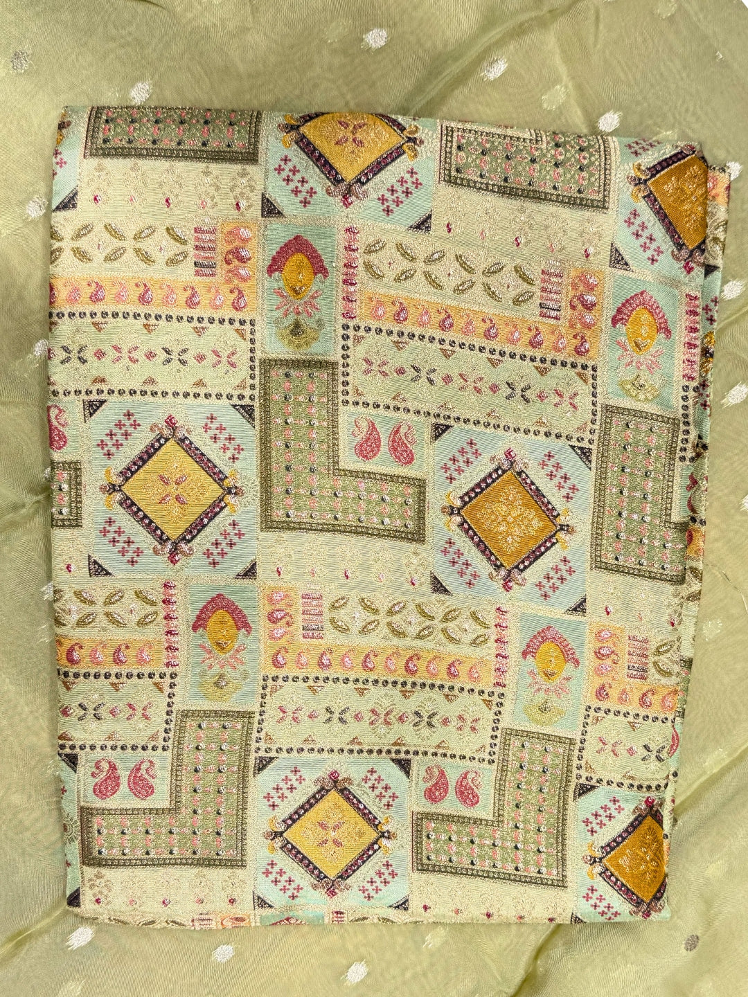 Zari Meenakari Weaving South Crepe Unstitched Suit with Organza Zari Handloom Dupatta