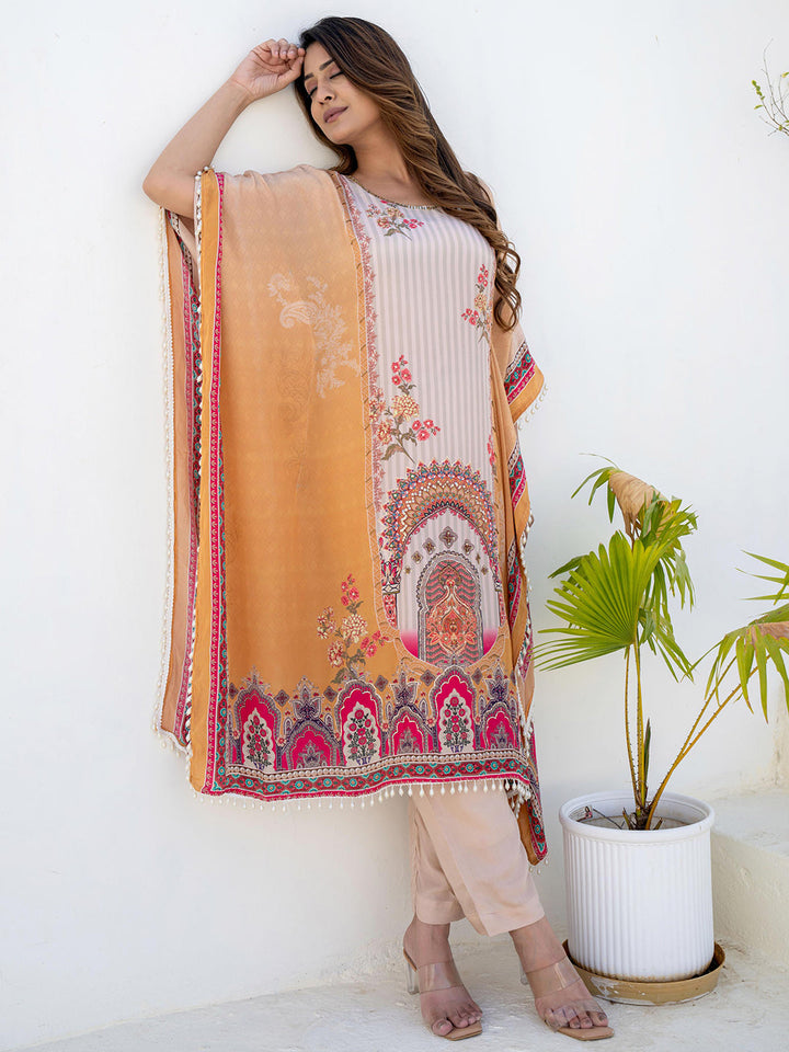 Mustard Ombre Kaftan Set with Pearl Embellished Tassles & Tropical Digital Print