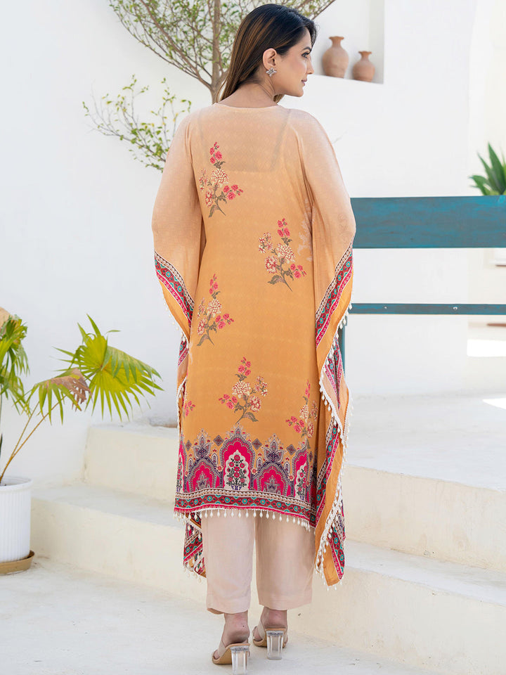 Mustard Ombre Kaftan Set with Pearl Embellished Tassles & Tropical Digital Print