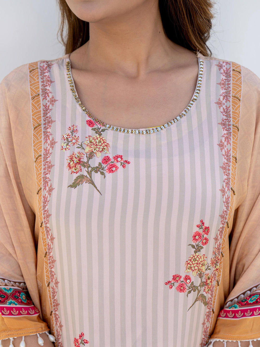 Mustard Ombre Kaftan Set with Pearl Embellished Tassles & Tropical Digital Print
