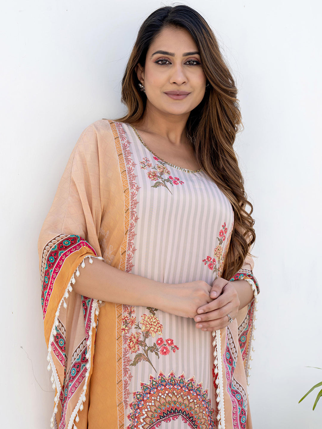 Mustard Ombre Kaftan Set with Pearl Embellished Tassles & Tropical Digital Print