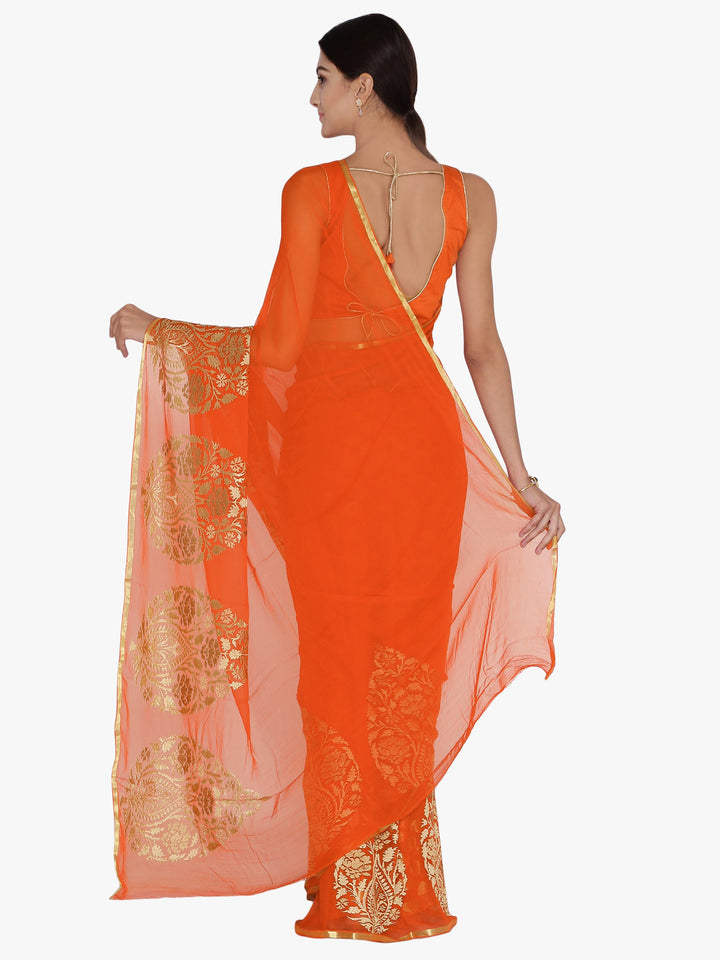 Orange Chiffon Resham Embroidered Party Wear Saree