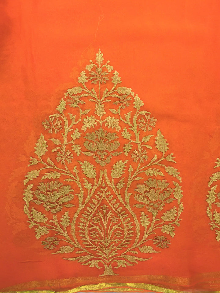 Orange Chiffon Resham Embroidered Party Wear Saree