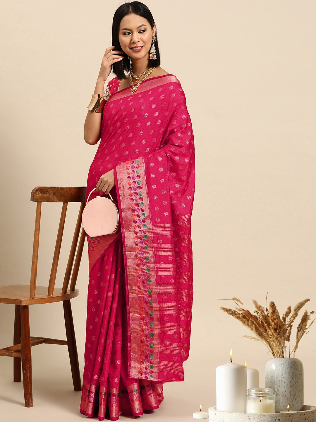 Pink Resham & Zari Woven Traditional Silk Saree
