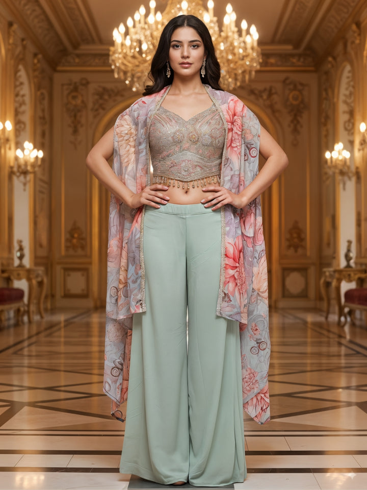 Sequinned Crop Top Set with Multicolor Tasseles, Flared Palazzo & Floral Print Cape