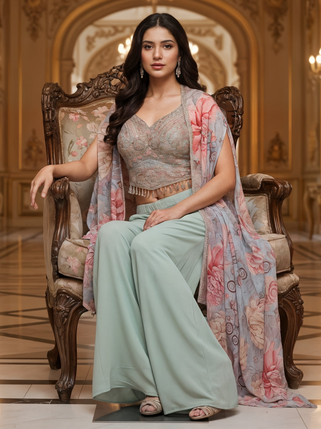 Sequinned Crop Top Set with Multicolor Tasseles, Flared Palazzo & Floral Print Cape