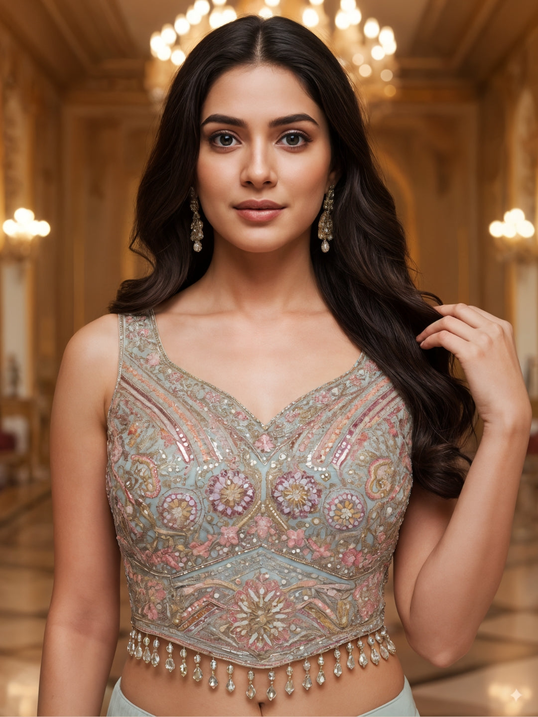 Sequinned Crop Top Set with Multicolor Tasseles, Flared Palazzo & Floral Print Cape