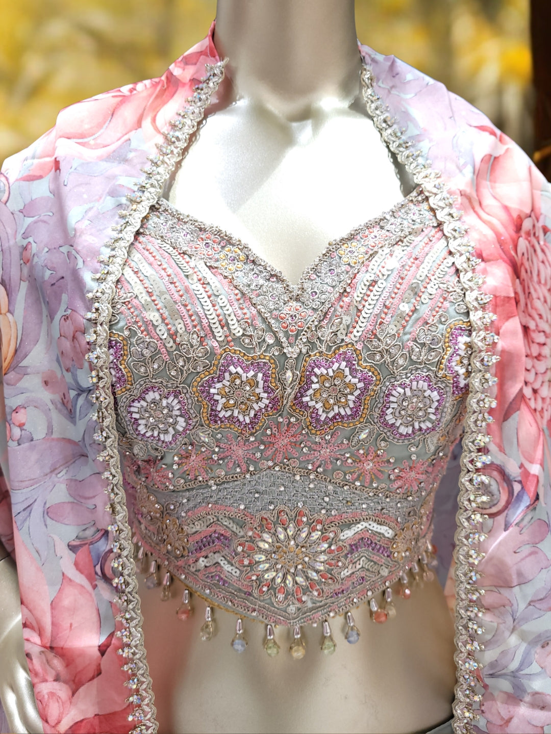 Sequinned Crop Top Set with Multicolor Tasseles, Flared Palazzo & Floral Print Cape