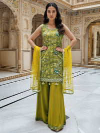 Banarasi Meenakari Kurta Pallazo Set with Statement Tassels & Mirror Embellishments
