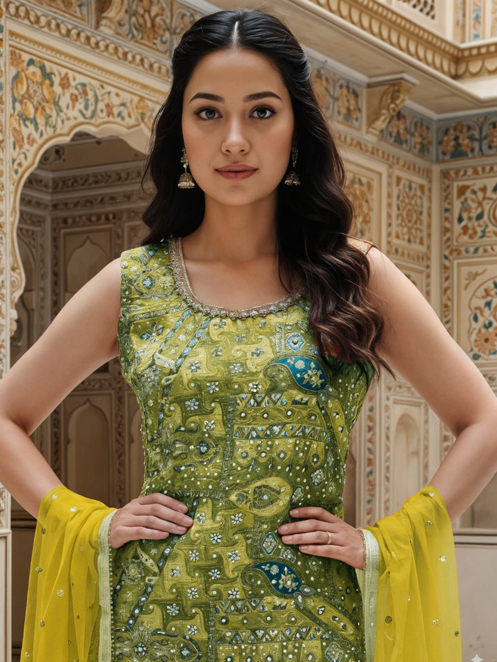Banarasi Meenakari Kurta Pallazo Set with Statement Tassels & Mirror Embellishments