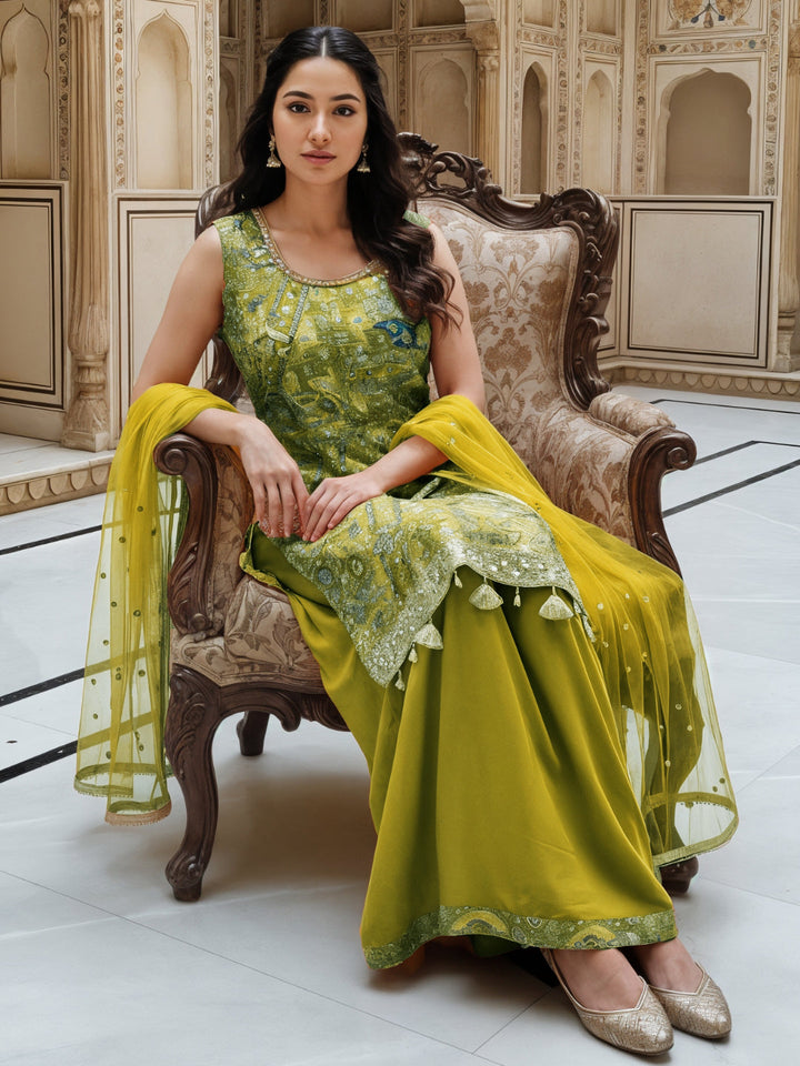 Banarasi Meenakari Kurta Pallazo Set with Statement Tassels & Mirror Embellishments