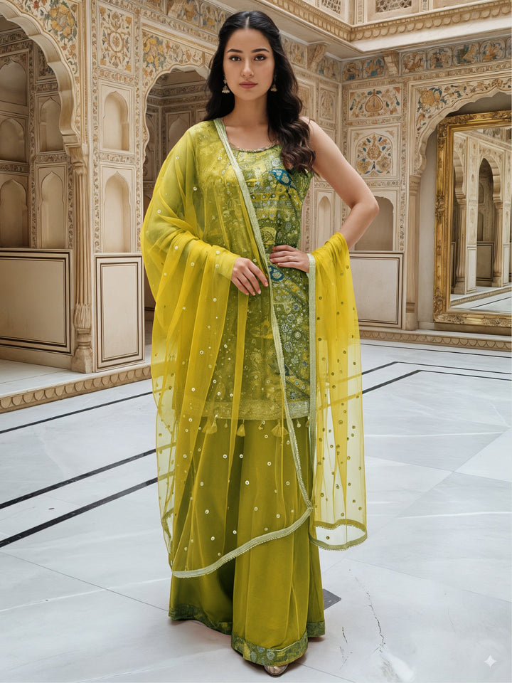 Banarasi Meenakari Kurta Pallazo Set with Statement Tassels & Mirror Embellishments