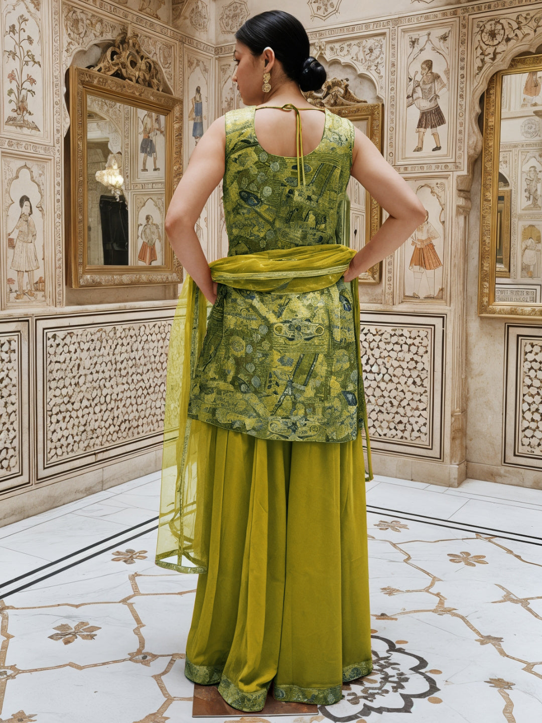 Banarasi Meenakari Kurta Pallazo Set with Statement Tassels & Mirror Embellishments