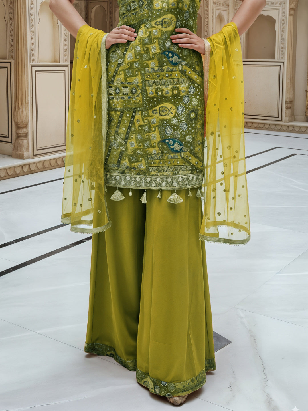 Banarasi Meenakari Kurta Pallazo Set with Statement Tassels & Mirror Embellishments
