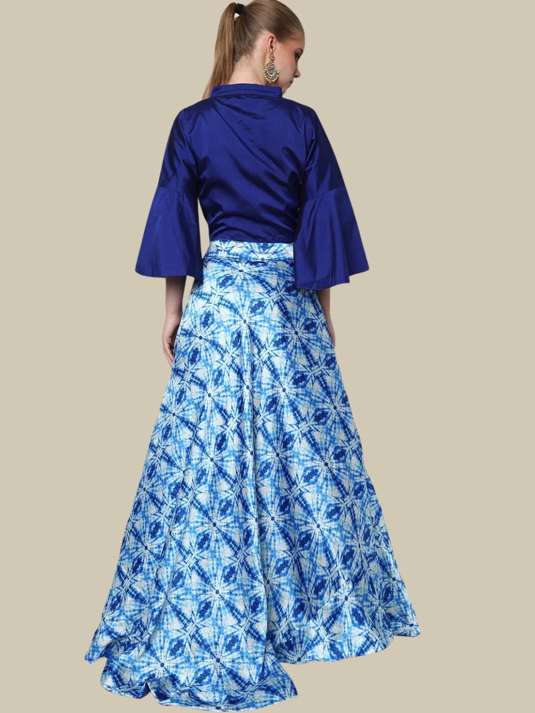 Abstract Digital Print Skirt with Contemporary Bell Sleeved Crop top